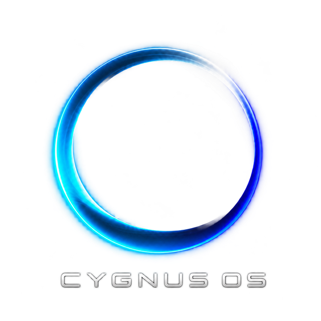 Logotipo oficial transparente de Cygnus OS, anillo azul cian y tipografía plateada